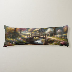 Cottagecore Spring Bridge Cottage Scene Body Cushion