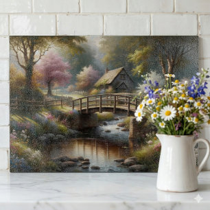 Cottagecore Spring Bridge Cottage Scene Cutting Board