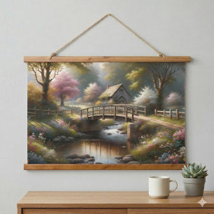 Cottagecore Spring Bridge Cottage Scene Hanging Tapestry