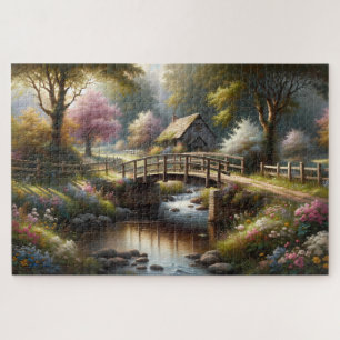 Cottagecore Spring Bridge Cottage Scene Jigsaw Puzzle