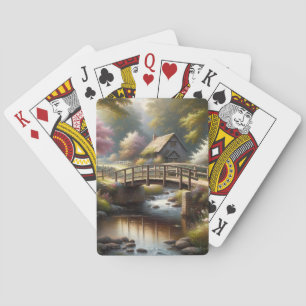 Cottagecore Spring Bridge Cottage Scene Playing Cards