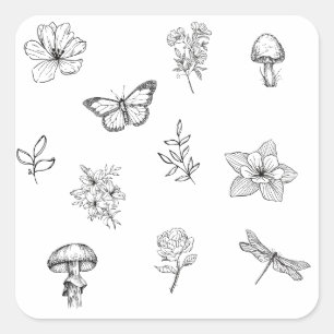 Cottagecore stickers- mushroom, flower, butterfly  square sticker