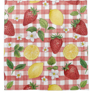 Cottagecore Strawberries & Lemons on Red Gingham Shower Curtain