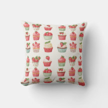 Cottagecore Strawberry Cupcake Throw Pillow