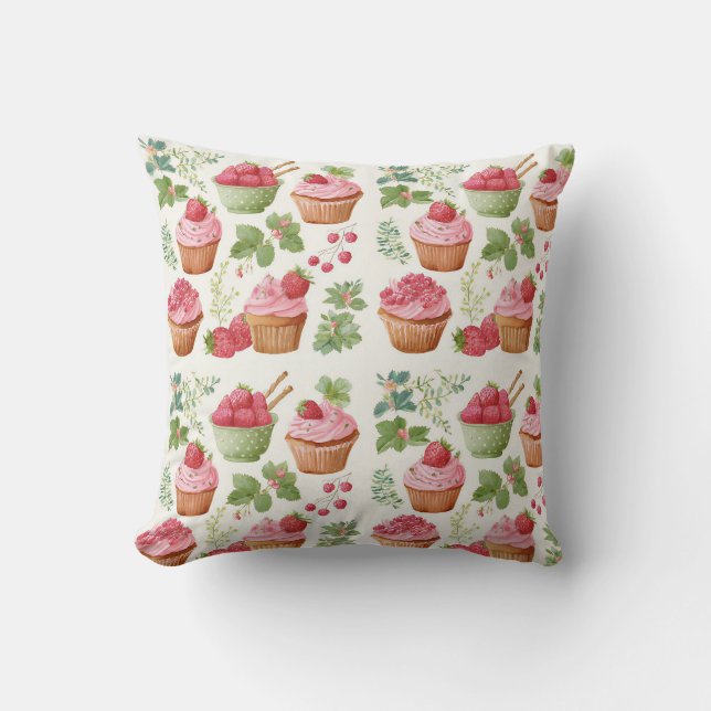 Cottagecore Strawberry Cupcake Throw Pillow (Front)
