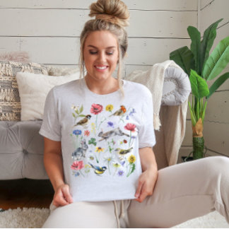 Cottagecore T-shirt, Floral Rabbits Birds shirt