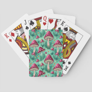 Cottagecore Teal Enchanted Forest Mushroom Pattern Playing Cards