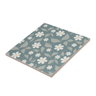 Cottagecore Teal, Sage, & White Daisy Floral Tile