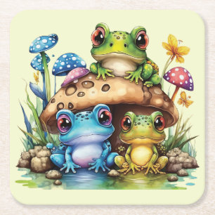 Cottagecore Toadstool Mushroom and Frog Square Paper Coaster
