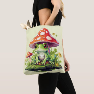 Cottagecore Toadstool Mushroom and Frog Tote Bag