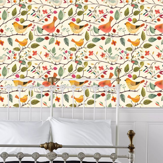 Cottagecore Tropical Coloured Birds Wallpaper (Cottagecore Tropical Colored Birds Wallpaper behind a white metal framed bed.)