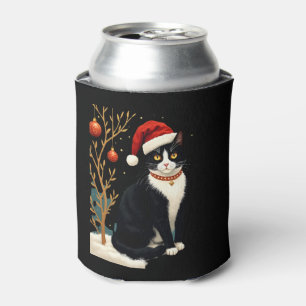 Cottagecore Tuxedo Cat Funny Xmas Aesthetic Santa Can Cooler