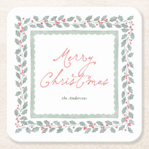 Cottagecore Watercolor Holly Christmas Square Paper Coaster