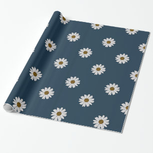 Cottagecore White Daises on Navy Background Wrapping Paper
