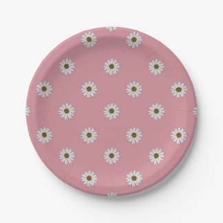 Cottagecore White Daises on Rustic Pink Background Paper Plate
