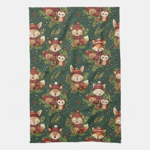 Cottagecore Winter Woodland Animal Pattern Tea Towel