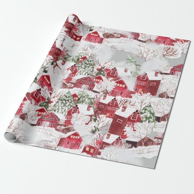 COTTAGES IN SNOW VINTAGE CHRISTMAS  WRAPPING PAPER (Unrolled)