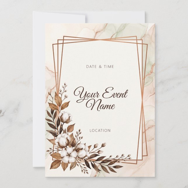 Cotton Boll Dried Leaf Copper Marble Invitation (Front)