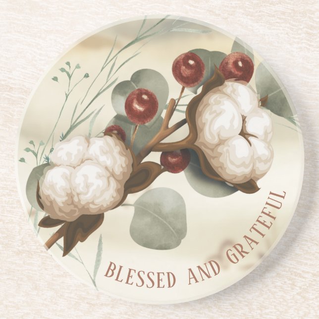 Cotton Boll Plant Elegant Stone Coaster (Front)