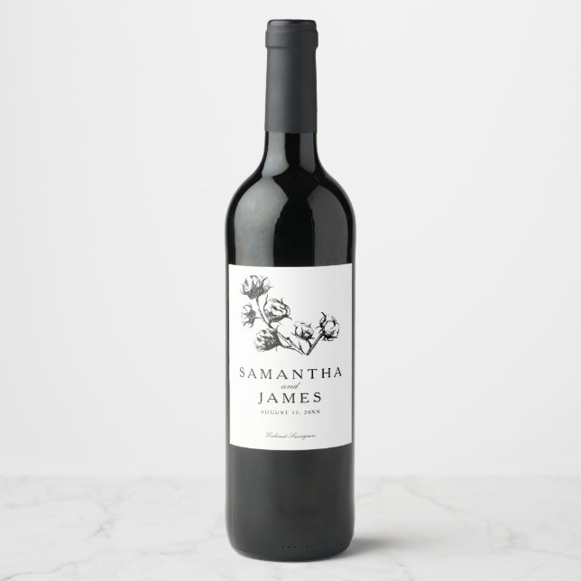 Cotton Boll Plant Etching | Wedding Wine Label (Front)