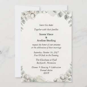 Cotton Bolls, Eucalyptus Foliage, Watercolor Folia Invitation