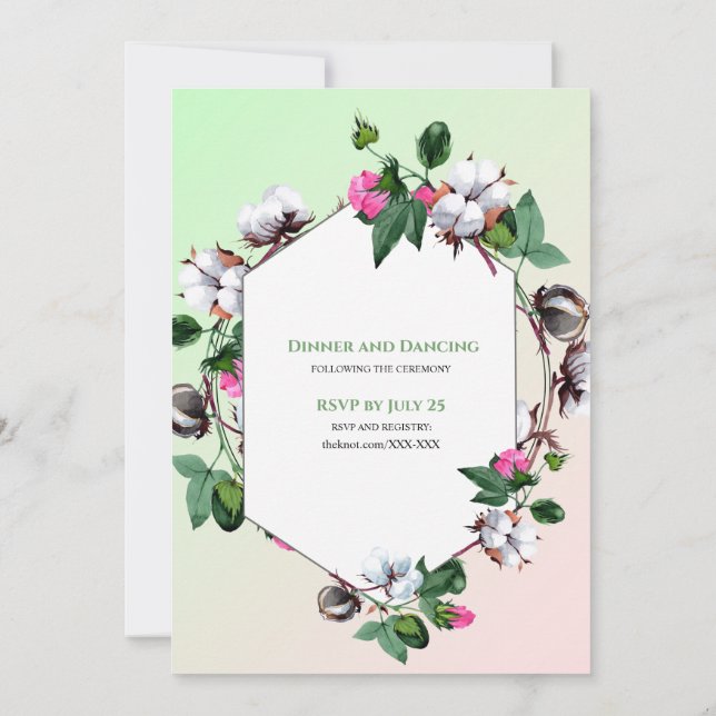 Cotton Bolls Floral Pink Green Wedding Invitation (Back)