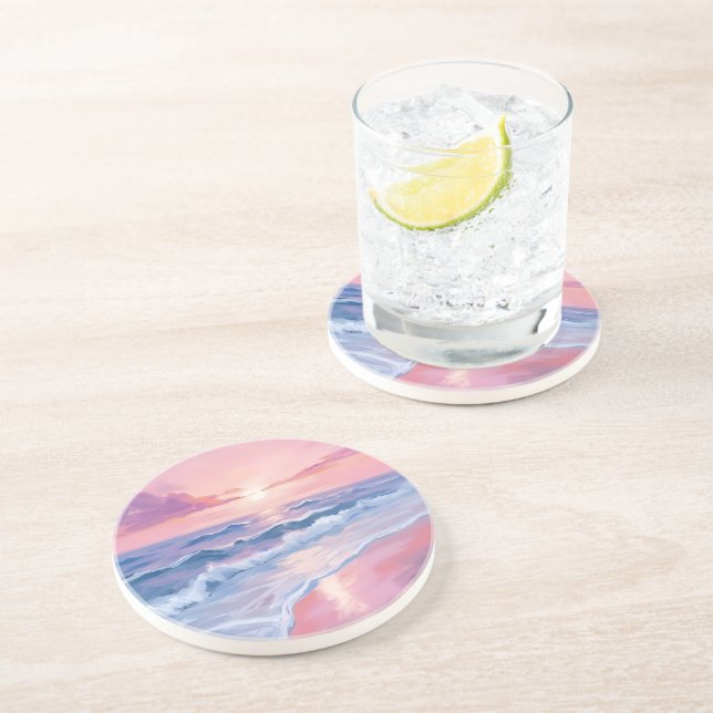 Cotton Candy Beach | Pink Ocean Waves Painting Coaster (Side)