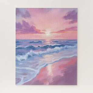 Cotton Candy Beach   Pink Ocean Waves Painting Jigsaw Puzzle