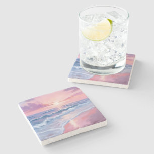 Cotton Candy Beach   Pink Ocean Waves Painting Stone Coaster