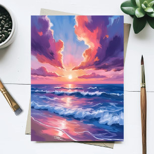 Cotton Candy Beach Sunset Ocean Watercolor Postcard