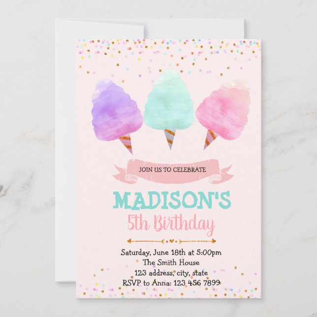 Cotton candy birthday party invitation (Front)