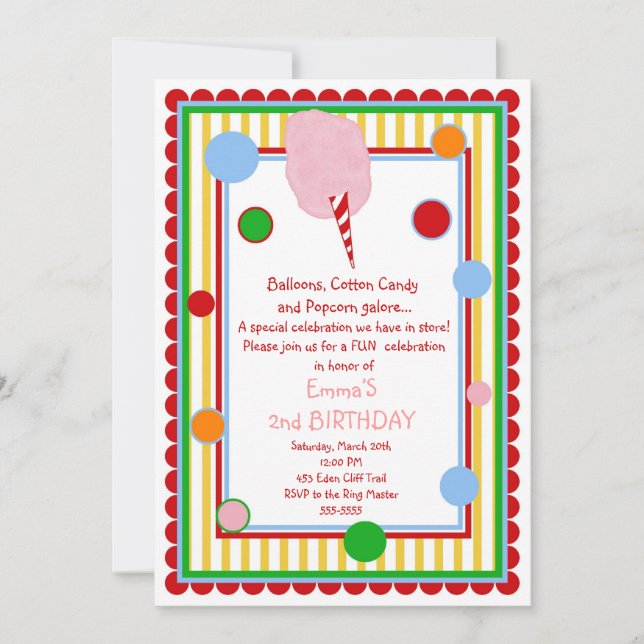 Cotton Candy Circus Carnival Birthday Invitation (Front)