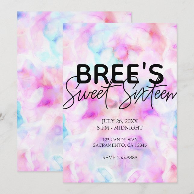 Cotton Candy Colours Watercolor Glam Sweet 16 Part Invitation (Front/Back)