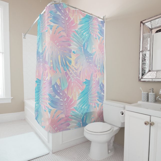Cotton Candy Monstera Palm Jungle 1 Shower Curtain (In Situ)