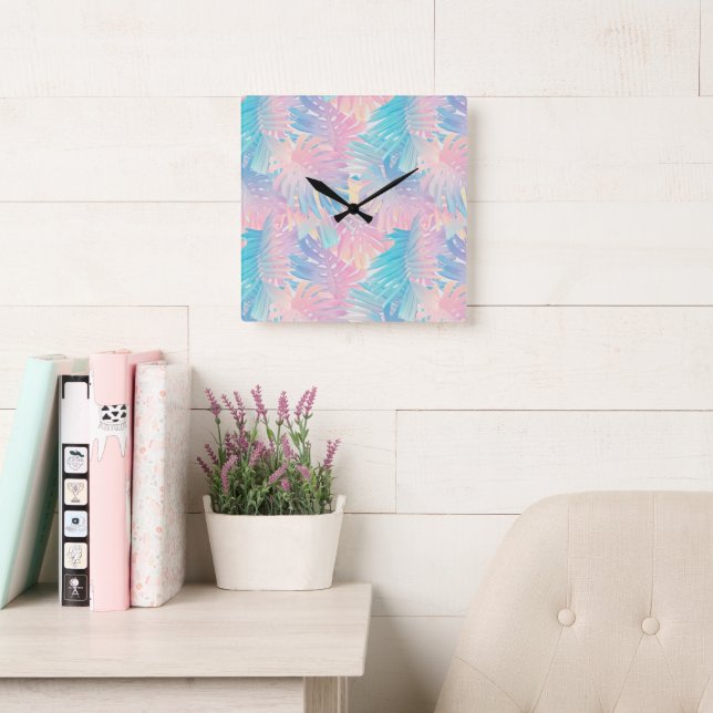 Cotton Candy Monstera Palm Jungle 1 Square Wall Clock (Reading Room)