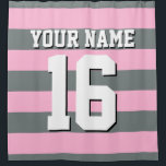 Cotton Candy Pink Charcoal Sports Jersey Stripe Shower Curtain<br><div class="desc">Preppy Striped Team Jersey / Sports Jersey / Football Jersey / Rugby Jersey with Custom Name Customise this with your own name or team name and a number. You can change the size, colour and placement of the text if you need to make changes, change the colour of or remove...</div>