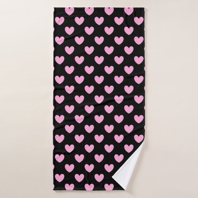 Cotton Candy Pink polka hearts on black Bath Towel (Bath Towel)