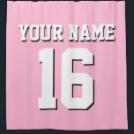 Cotton Candy Pink White Sports Jersey Team Jersey Shower Curtain<br><div class="desc">Preppy Solid Colour Team Jersey / Sports Jersey / Football Jersey / Rugby Jersey with Custom Name Customise this with your own name or team name and a number. You can change the size, colour and placement of the text if you need to make changes, change the colour of or...</div>