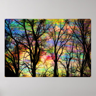 Cotton candy sunrise, bare trees, colourful art poster
