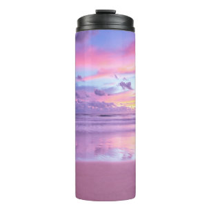 Cotton candy sunrise: beach view. thermal tumbler