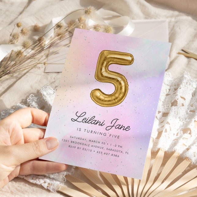 Cotton Candy Watercolor Girls 5th Birthday Balloon Invitation (Creator Uploaded)