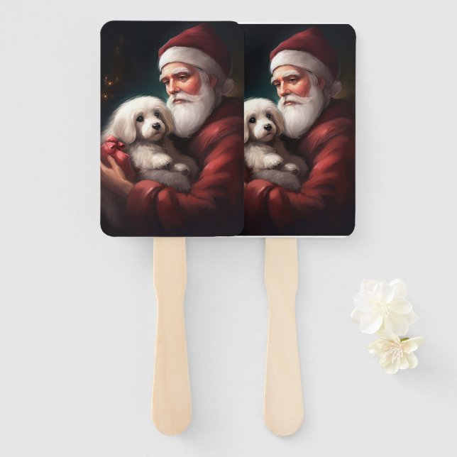 Cotton De Tulear With Santa Claus Christmas Hand Fan (Front and Back)