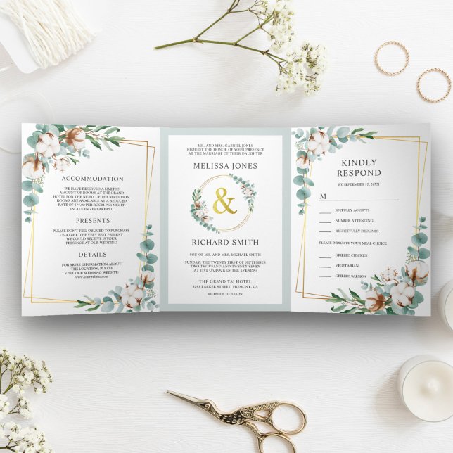Cotton Eucalyptus Gold Frame All in One Wedding Tri-Fold Invitation (Creator Uploaded)