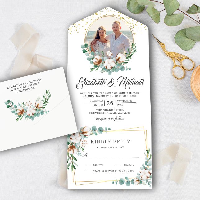 Cotton Eucalyptus Leaves Gold Frame Photo Wedding All In One Invitation (Creator Uploaded)