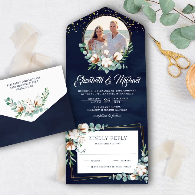 Cotton Eucalyptus Leaves Photo Navy Blue Wedding All In One Invitation (Creator Uploaded)