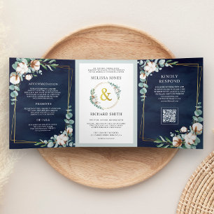 Cotton Eucalyptus Navy Blue QR Code Wedding Tri-Fold Invitation
