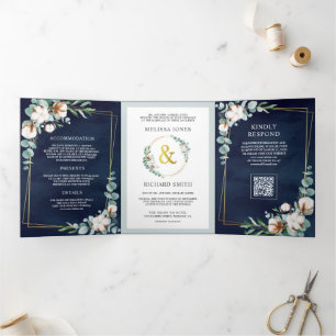 Cotton Eucalyptus Navy Blue QR Code Wedding Tri-Fold Invitation