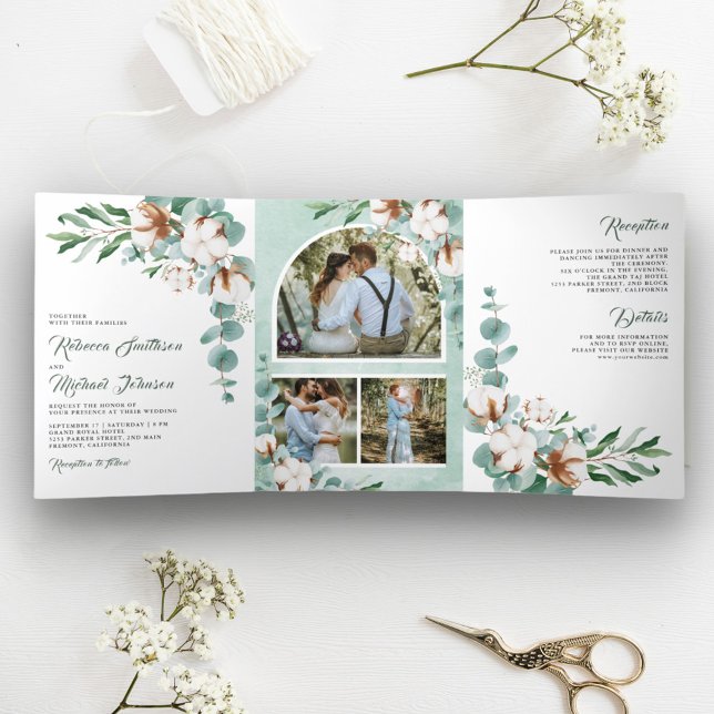 Cotton Eucalyptus Photo Collage All in One Wedding Tri-Fold Invitation (Creator Uploaded)