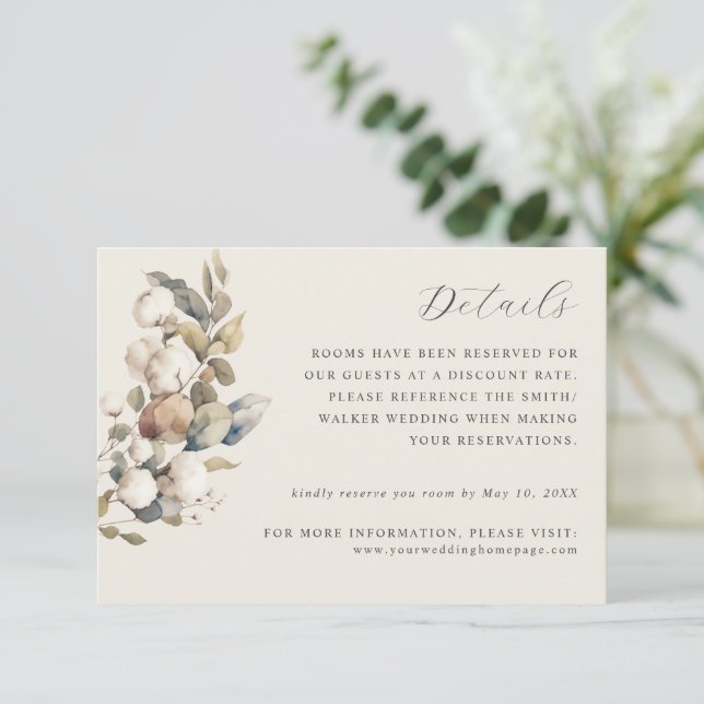 Cotton & Eucalyptus wedding details card (Standing Front)