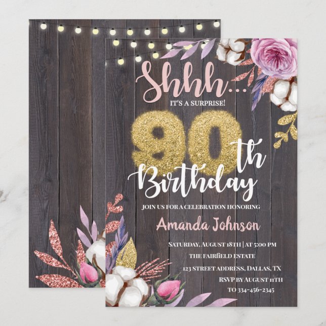 Cotton Floral Rustic Wood 90th Birthday Invitation (Front/Back)